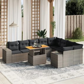 10 pcs conjunto sofás de jardim c/ almofadões vime PE cinzento