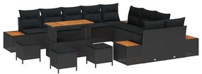 Conjunto de Sofá de Jardim vidaXL 14 Peças com Almofadas Preto Rattan