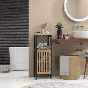 Móvel baixo de casa de banho 32 x 30 x 90,5 cm em bambu com armário de 1 porta e compartimento aberto, preto e cor madeira