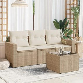 4 pcs conjunto de sofás para jardim c/ almofadões vime PE bege