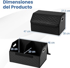 Organizador dobrável 30 x 47 x 27,5 cm para porta-malas de carros 35L com tampa acolchoada em couro e divisória ajustável Preta