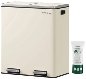 SONGMICS Lixeira com compartimento duplo, 2 x 30 L, com 2 sacos de lixo, pedais de metal, 15 baldes internos de plástico, tampas, alças, fechamento suave, hermético, creme, LTB060A01