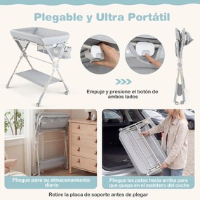 Mudador fraldas dobrável com banheira, 3 alturas ajustáveis, rodas com travão, brinquedos e espaço de arrumação, portátil para recém-nascidos, cinzent
