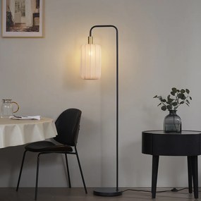 Candeeiro de pé Japandi preto com dourado e abajur bege - Pluni