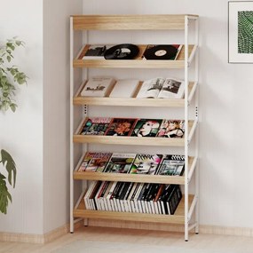 Estante de 6 níveis 90 x 30 x 161 cm inclinada com estrutura metálica resistente de madeira natural