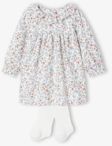 Conjunto recém-nascido, vestido estampado com flores + collants. cru