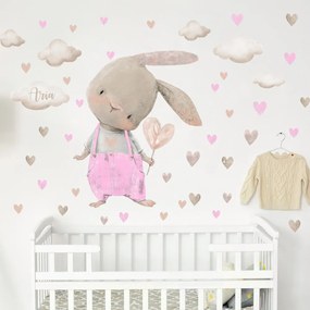 Autocolante de parede para menina - Coelhinho cor-de-rosa com corações