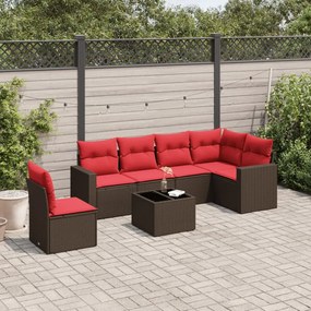 7 pcs conjunto de sofás jardim c/ almofadões vime PE castanho