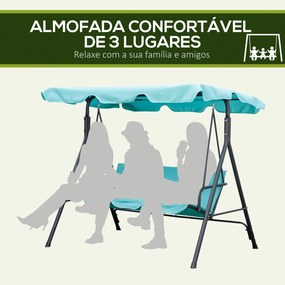 Baloiço de Jardim de 3 Lugares com Teto Ajustável e Estrutura de Aço Suporta até 240 kg 172x110x153 cm Verde Azulado