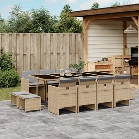 vidaXL 13 pcs conj. jantar jardim c/ almofadões vime PE bege misturado