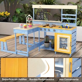 Cozinha de brincar com mesa de piquenique para crianças de madeira de abeto com banco Quadro negro Acessórios Utensílios Azul