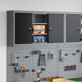Armário de Ferramentas VidaXL Montado na Parede com Prateleira de Ganchos Preto 100x20x55 cm Aço