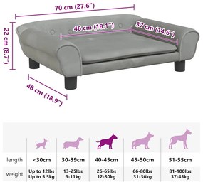 Cama para cães 70x48x22 cm veludo cinzento-claro