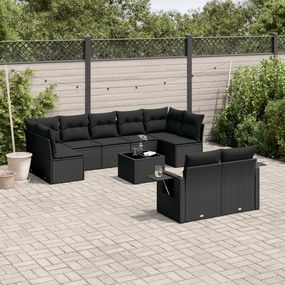 10 pcs conjunto sofás de jardim c/ almofadões vime PE preto