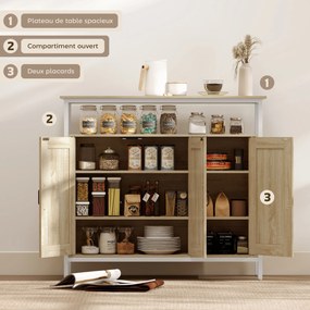 Aparador 100 x 35 x 88 cm, móvel de arrumação de cozinha ou sala com 3 portas, compartimento aberto e 4 prateleiras ajustáveis, madeira cor natural