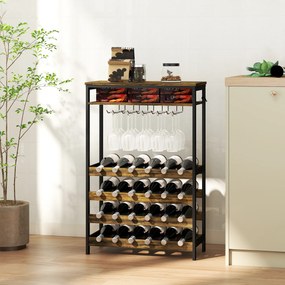 Garrafeira para Vinho para 24 Garrafas Estilo Industrial com Suporte para Copos e Prateleira Aberta 66x30x100,3 cm Castanho Rústico