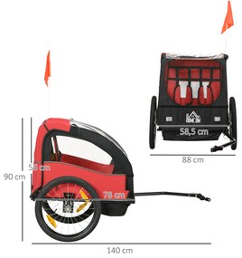 Reboque de Bicicleta para Crianças acima de 18 Meses com 2 Lugares com Cinto de Segurança e Armazenamento 140x88x90cm Vermelho