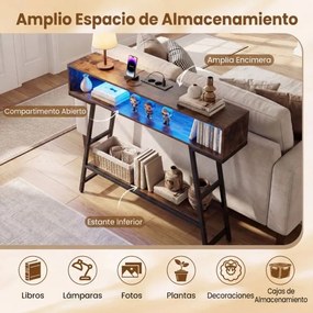 Mesa consola com luz LED e base de carregamento 100 x 20 x 86,5 cm, 3 níveis, com compartimento e prateleira, para corredor, entrada ou sala de estar,