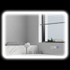 Espelho de casa de banho LED com Bluetooth, 50 x 70 cm, interruptor tátil, luz regulável, 3 cores, antiembaciamento, memória, prateado