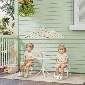 Conjunto Infantil de Mesa e Cadeiras de Jardim 4 Peças Cadeiras Dobráveis Chapéu de Sol Ajustável Design de Elefantes Branco