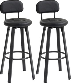 HOMCOM Conjunto de 2 banquetas de bar, revestimento em couro sintético, assento estofado, apoio para os pés, encosto, estrutura metálica, preto | Aosom Portugal