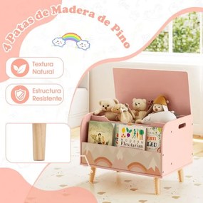 Estante organizadora de brinquedos em madeira 60 x 40 x 43 cm com tampa rebatível e dobradiça de segurança rosa