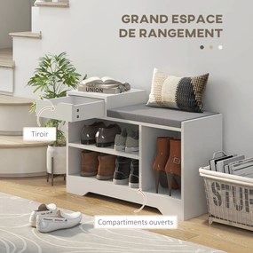 Móvel e banco sapateira com 1 gaveta e 3 compartimentos 76,5 x 30 x 52 cm, capacidade para 5 pares, em MDF branco e cinzento