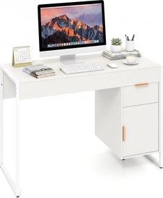 Secretária de Computador com Armário e Gaveta, 109 x 47 x 75 cm, Estrutura Metálica Resistente, Branco