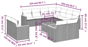 12 pcs conjunto de sofás jardim c/ almofadões vime PE cinzento