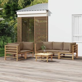 vidaXL 6 pcs conj. lounge jardim bambu almofadões cinzento-acastanhado