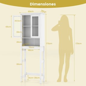 Armário organizador para casa de banho para cima da sanita com prateleira regulável e portas de vidro duplo 60 x 30 x 173 cm branco