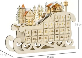 Calendário do Advento em Forma de Trenó, 45 x 10 x 31 cm, 24 Gavetas, Madeira Natural