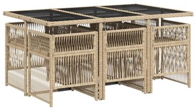 7 pcs conjunto de jantar p/ jardim com almofadões vime PE bege