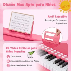 Piano de brincar com 25 teclas para crianças 38 x 24 x 29 cm, com suporte e modo de aprendizagem, velocidade e volume ajustáveis, design em madeira Ro
