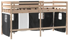 Cama alta criança c/ cortina 90x190cm pinho maciço branco/preto