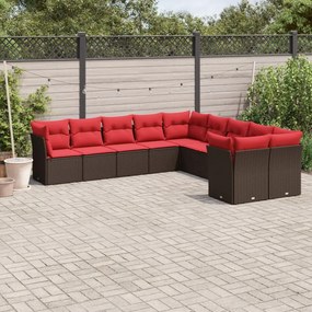 vidaXL 10 pcs conj. sofás jardim com almofadões vime PE castanho