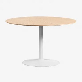 Mesa De Jantar Redonda Em Mdf E Ferro Yvetta Branco & Ø120 Cm & Castanho Roble - Sklum