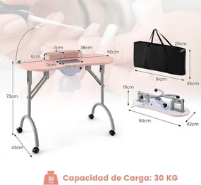Mesa de manicure portátil 90 x 43 x 73 cm com ventilador elétrico de aspiração, lâmpada LED flexível e saco de pó com rodas bloqueáveis rosa