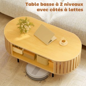 Mesa de centro oval  100 x 50 x 40 cm, mesa de sala com espaço de arrumação, cantos arredondados, design em ripas efeito de madeira natural