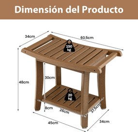 Banco de banho curvo em HDPE 60,5 cm x 34 cm x 48 cm impermeável com Prateleira de armazenamento Almofadas antiderrapantes para idosos Castanho