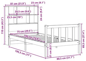 Cama com estante sem colchão 75x190cm pinho maciço castanho-mel