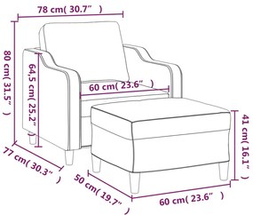 Poltrona com apoio de pés 60 cm tecido cinzento-claro