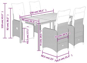 5 pcs conjunto bistrô de jardim c/ almofadões vime PE cinza