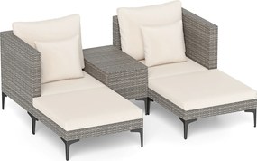 Conjunto jardim de rattan para exterior de 5 peças com mesa auxiliar, 2 sofás, 2 apoios para os pés, almofadas e travesseiros macios, modular, para pá