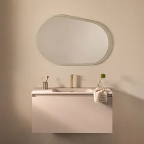 Conjunto De Móvel De Casa De Banho Suspenso Em Madeira Com Lavatório Integrado Macrae Crema Linho & Oval Led E Anti-embaciamento 100x80 Cm - Sklum