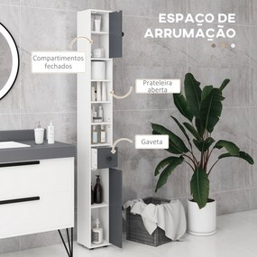 Coluna Casa de Banho Moderna com 1 Gaveta 5 Prateleiras Ajustáveis e 2 Armários 20x20x180 cm Cinza