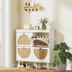 Sapateira com 4 portas, capacidade para 20 pares, prateleiras ajustáveis, estilo boémio, pés em madeira maciça, 105 x 24 x 97,5 cm, branco