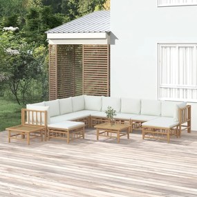 vidaXL 12pcs conjunto lounge de jardim bambu c/ almofadões branco nata