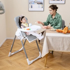 Cadeira alta refeição dobrável para bebés portátil com altura ajustável Encosto reclinável Apoio para os pés Arnês Cinza claro