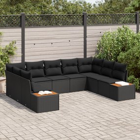 vidaXL Conjunto de Sofá de Jardim com Almofadas Preto de Rattan de Poli e Acácia